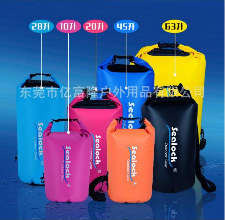 A range of Sealock roll-top dry bags from 5L to 60L lined up by size
