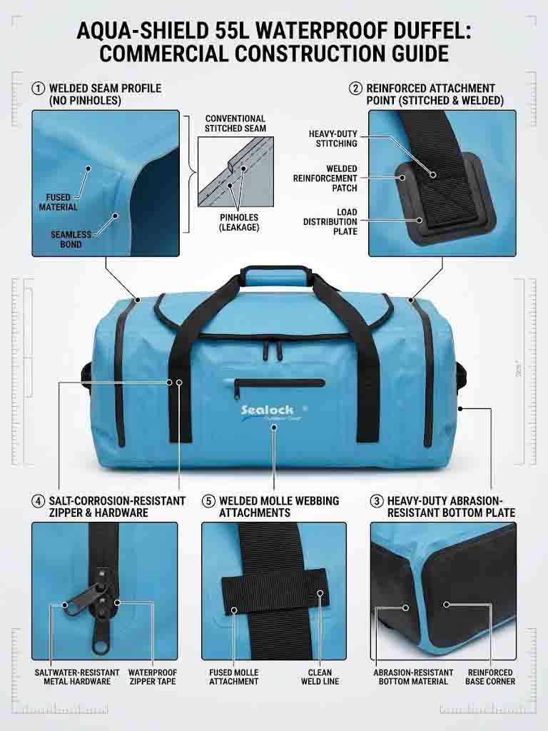 Commercial-grade duffel construction — welded seams, bar-tacked and patch-reinforced anchors, heavy-duty base panel, corrosion-resistant hardware and welded MOLLE strips